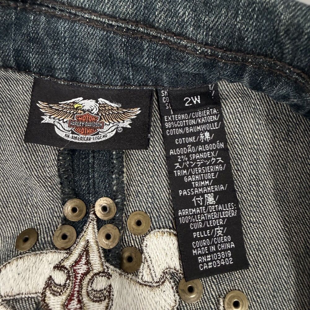 VTG Harley Davidson Women's 2W Blue Denim Embroidered Biker Motorcycle Jacket - Picture 7 of 8
